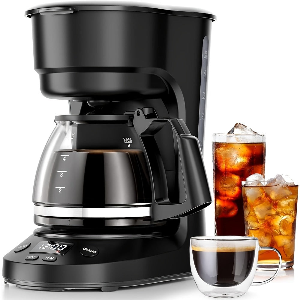 Drip Coffee Maker 5 Cup 24H Delay Brew 2H Keep Warm Pause and Serve Reusable Filter Glass Pot LED Display Auto Shut-Off Portable Coffee Machine for Office Travel