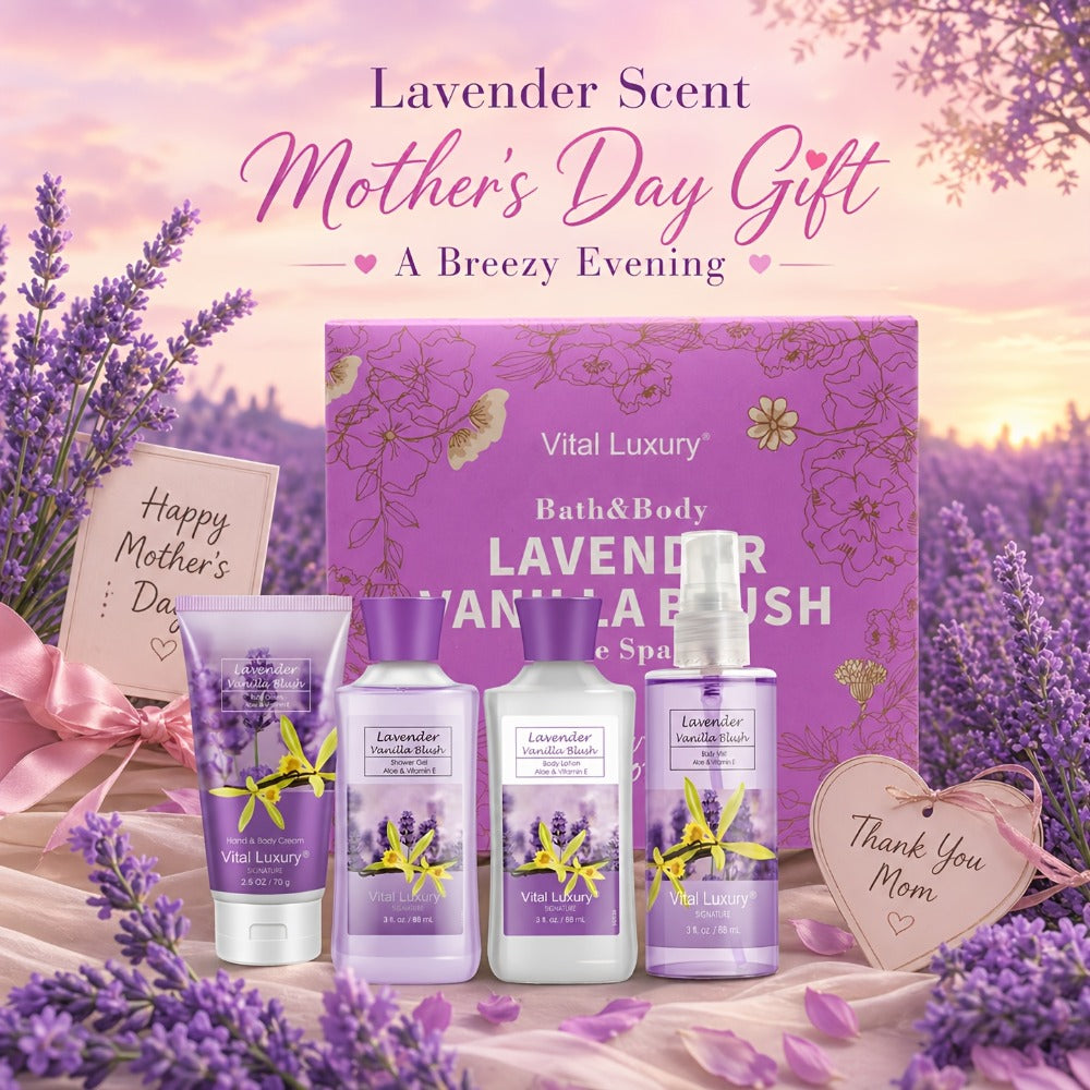 Luxury Bath Gift Set for Women 4pcs Lavender Vanilla Body Care Kit Shower Gel Body Lotion Body Cream Fragrance Mist for Mom Wife Girlfriend All Skin Types