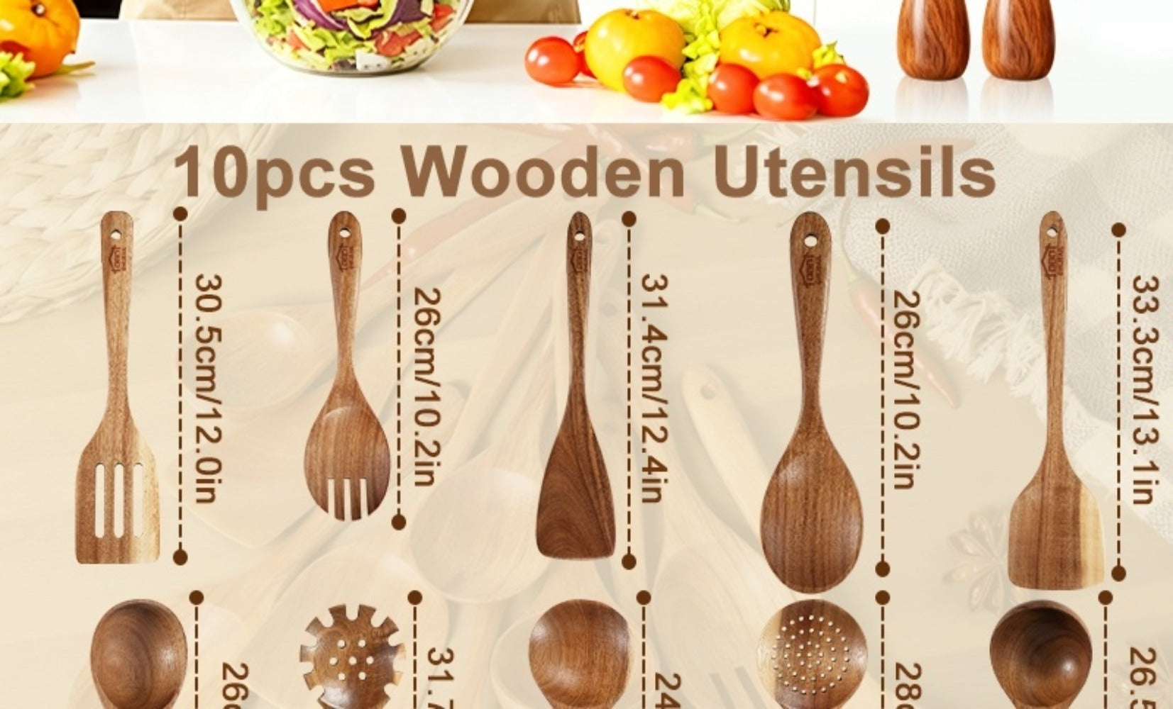 Wooden Spoons for Cooking 10 Pcs ¨C Teak Wood Kitchen Utensils Set, Non-Stick Safe Spatulas & Spoon Cooking Tools