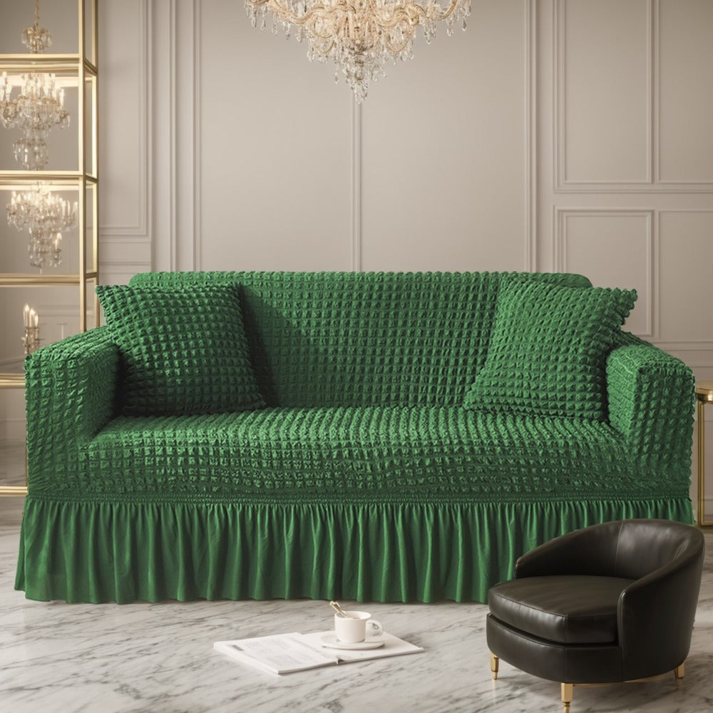 Seersucker Sofa Slipcover with Skirt High Elastic Stretch Drawstring Durable Washable Couch Cover for 1 2 3 4 Seater Armchair - 8 Colors Coffee Gray White Green Blue