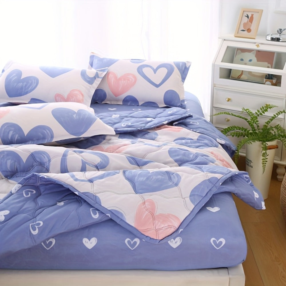 Summer Cooling Quilt Set 3-Piece, Skin-Friendly Thin Comforter with Embossed Print, Soft Breathable Four-Season Lightweight Quilt + 2 Pillowcases for Bedroom Hotel Sofa Single Double Full
