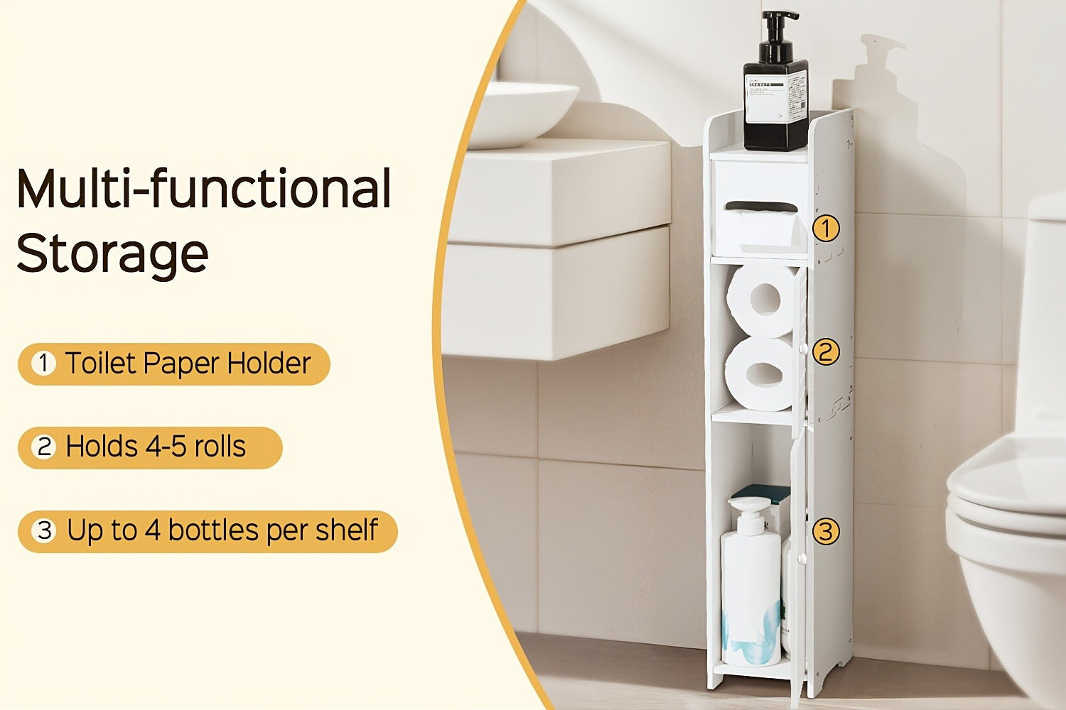 Slim Bathroom Storage Cabinet ¨C PVC Toilet Paper Holder & Organizer for Small Spaces, Easy Assembly, Multi-Room Use, Bedroom & Living Room