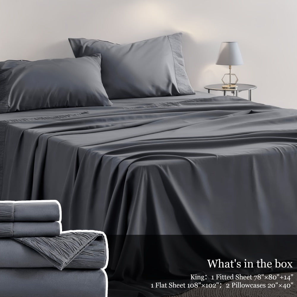 Bed Sheet Set 4-Piece Soft Breathable Cooling Sheets - Flat Sheet, Fitted Sheet & 2 Pillowcases, Wrinkle-Free Hotel Luxury Bedding, All Season Comfort