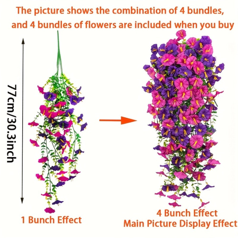 Artificial Flowers Outdoor UV Resistant 4 Bundles Hanging Morning Glory Fake Flowers for Porch Window Box Garden Home Decor Thanksgiving Christmas