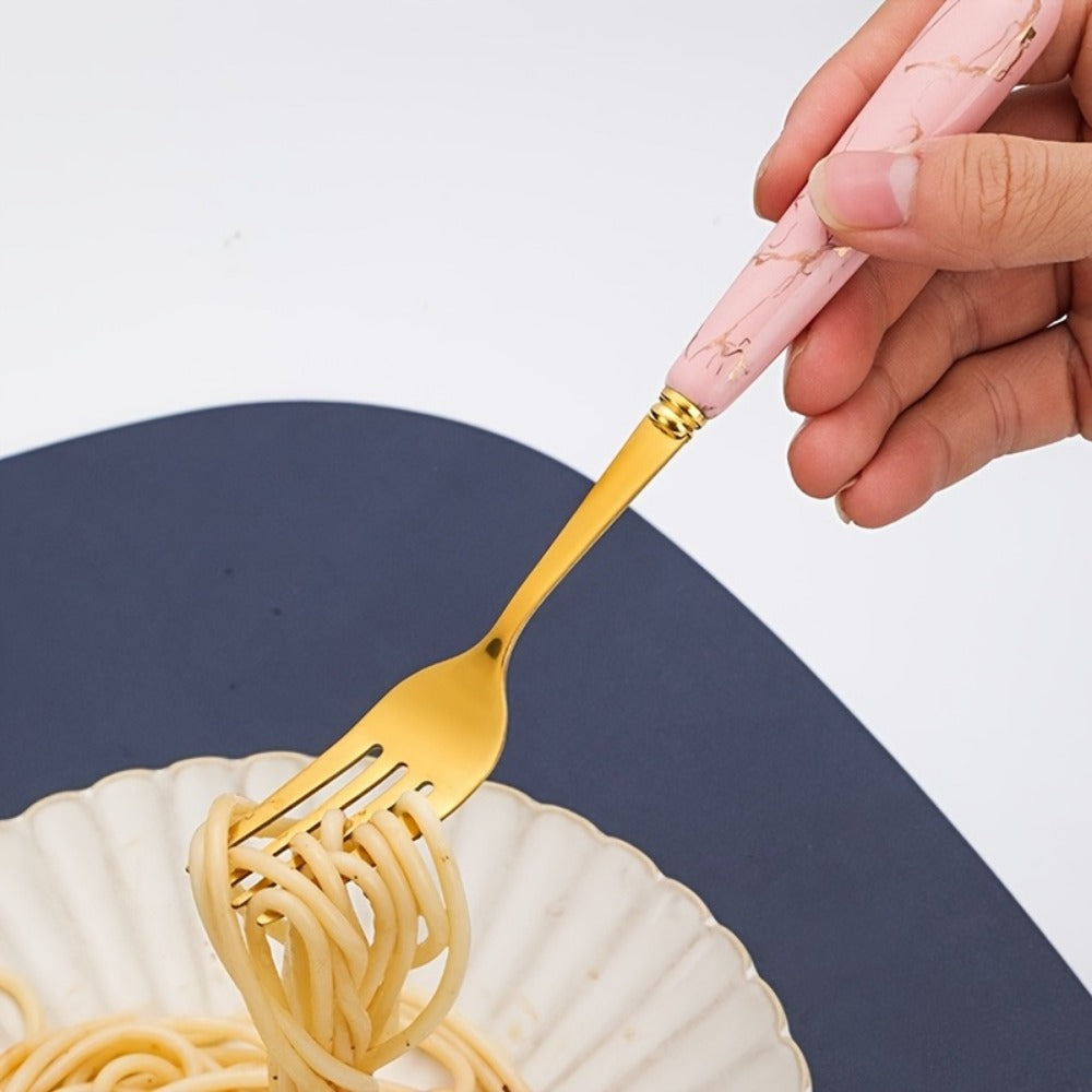 Marble Pattern Cutlery Set 24pcs - Dinner Forks Soup Spoons Teaspoons for Home Hotel Restaurant