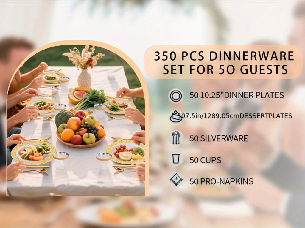Gold Disposable Dinnerware Set for 50 Guests 350pcs ¨C Includes Dinner Plates, Dessert Plates, 9oz Cups with Gold Rim, Pre-Rolled Napkins & Gold Cutlery | Perfect for Wedding, Party & Holiday Celebration