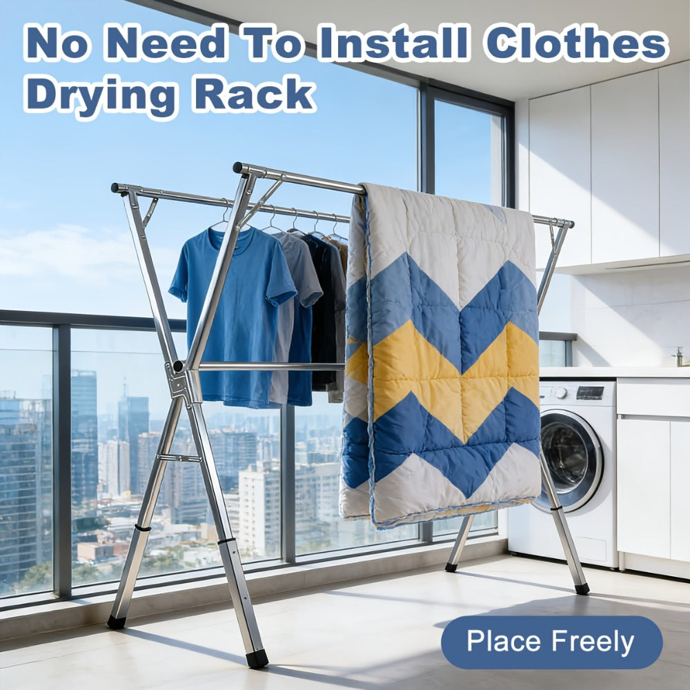 Clothes Drying Rack Foldable Heavy Duty - Upgraded X-Frame Collapsible Laundry Drying Rack for Indoor Outdoor Use, Adjustable Metal Clothesline Stand for Clothes, Blankets, Bedding, Sweaters
