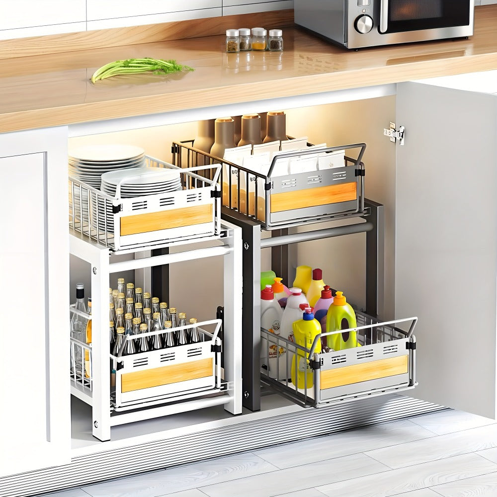Under Sink Organizer Pull-Out Storage Rack - 2-Tier Carbon Steel Cabinet Shelf with Wire Baskets & Wood Accents, Space-Saving Kitchen Organizer for Dishes, Cleaning Supplies, Pantry, Bathroom