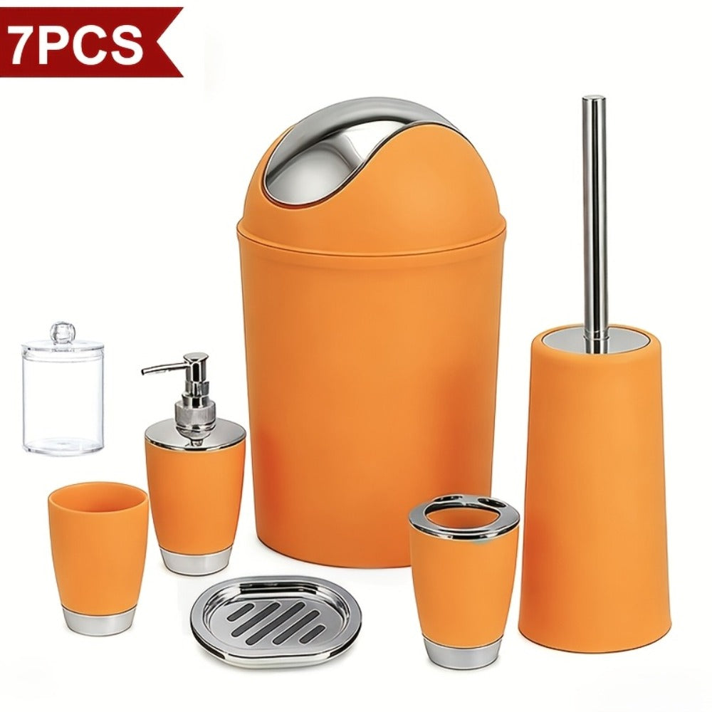 Bathroom Accessory Set 7 Piece - Luxury Modern Complete Bath Set with Trash Can Toilet Brush Lotion Dispenser Soap Dish Mouthwash Cup Toothbrush Holder | Space Saving Easy Clean Housewarming Gift 7 Colors