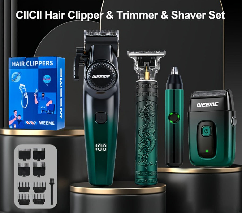 Hair Cutting Set 4pcs Professional - Electric Hair Clipper, Electric Shaver, T-Blade Trimmer & Nose Hair Trimmer, Gradient Green Gift Box, Precise Grooming Kit for Home Use & Gift