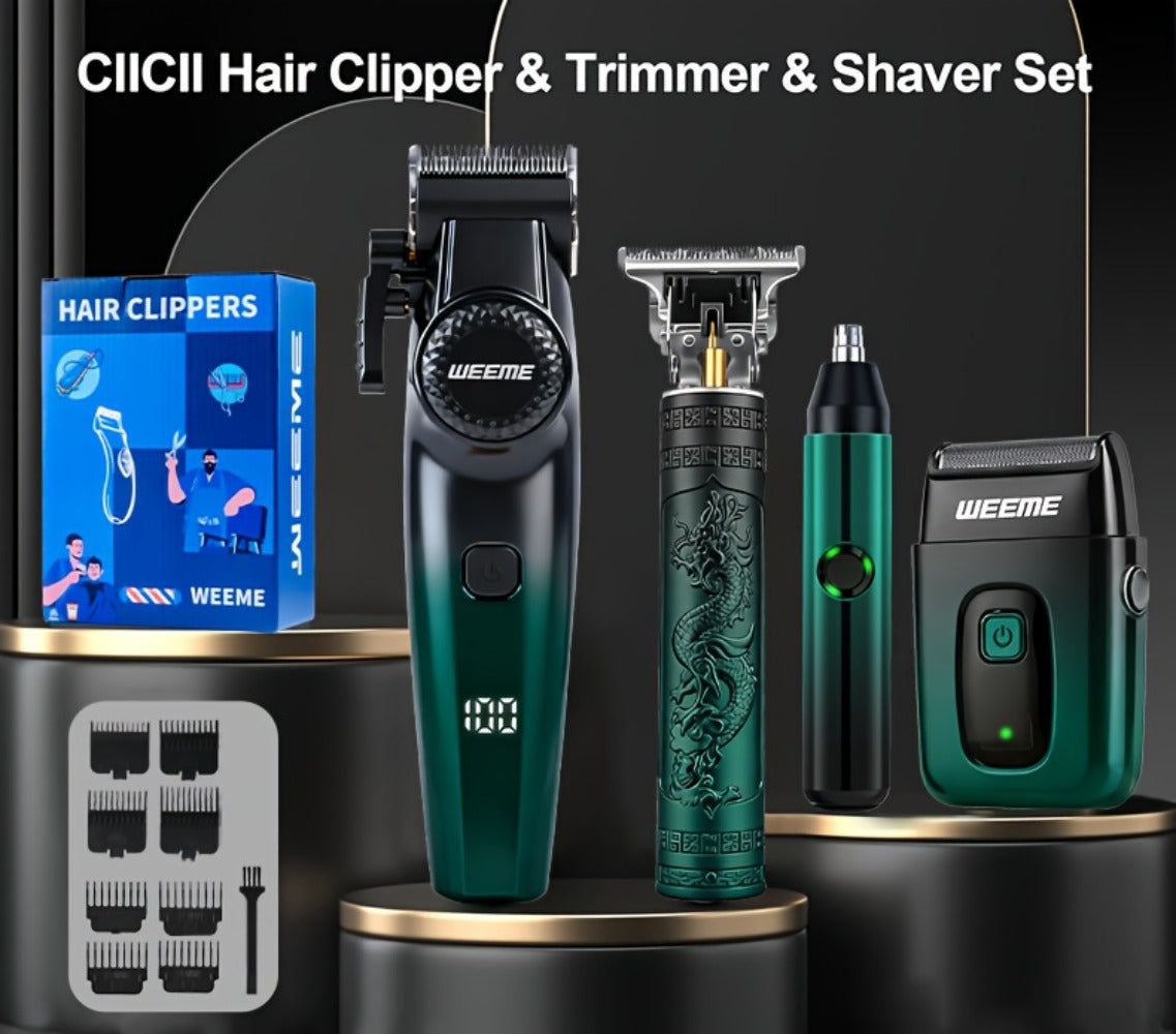 Hair Cutting Set 4pcs Professional - Electric Hair Clipper, Electric Shaver, T-Blade Trimmer & Nose Hair Trimmer, Gradient Green Gift Box, Precise Grooming Kit for Home Use & Gift
