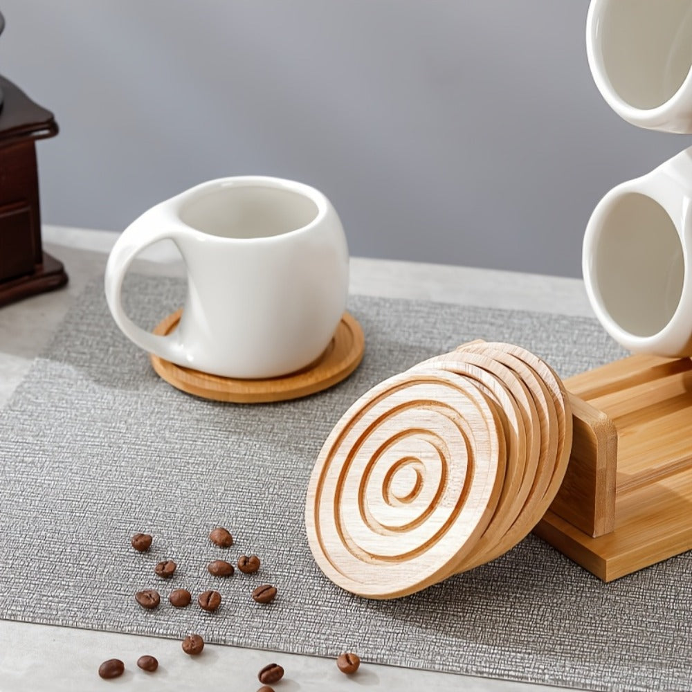 Ceramic Coffee Cup Set of 6 with Wooden Coasters & Cup Holder | 200ml Latte Cappuccino Espresso Tea Mugs | Home Office Caf¨¦ Gift Set