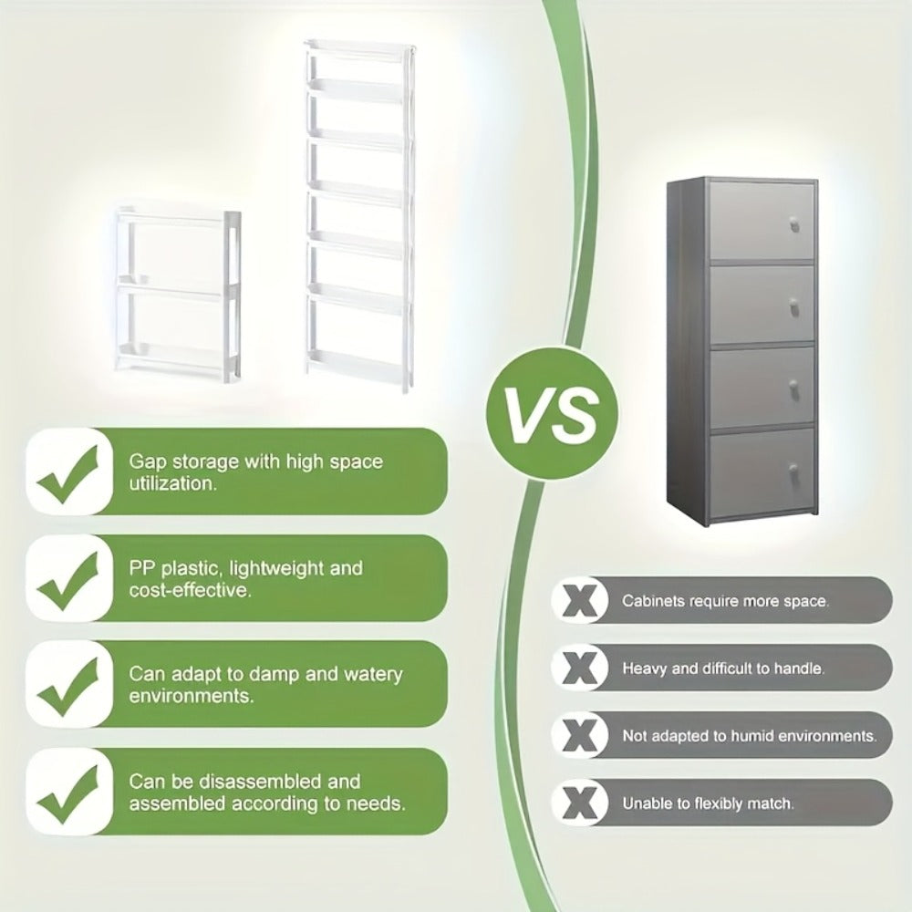 Behind Door Storage Rack, Multi-Layer Slim Organizer for Bathroom & Kitchen, Space Saving Over Door Shelf, Narrow Cabinet Rack with Fixed Hook, Plastic Stackable Storage
