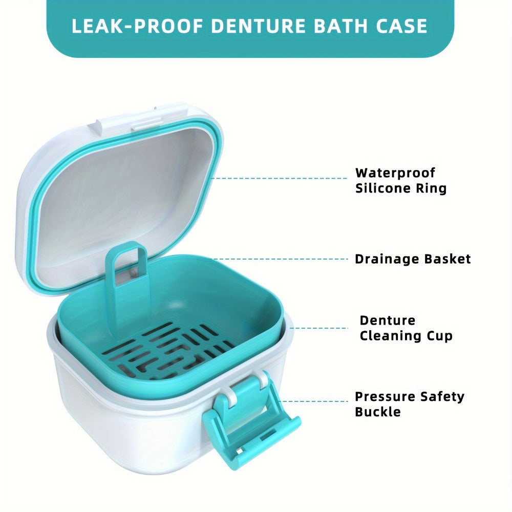 Denture Bath Case Leak-Proof with Drainage Basket Silicone Ring Safety Buckle Portable Travel Denture Cleaner Soaking Cup Storage Container for Home Travel