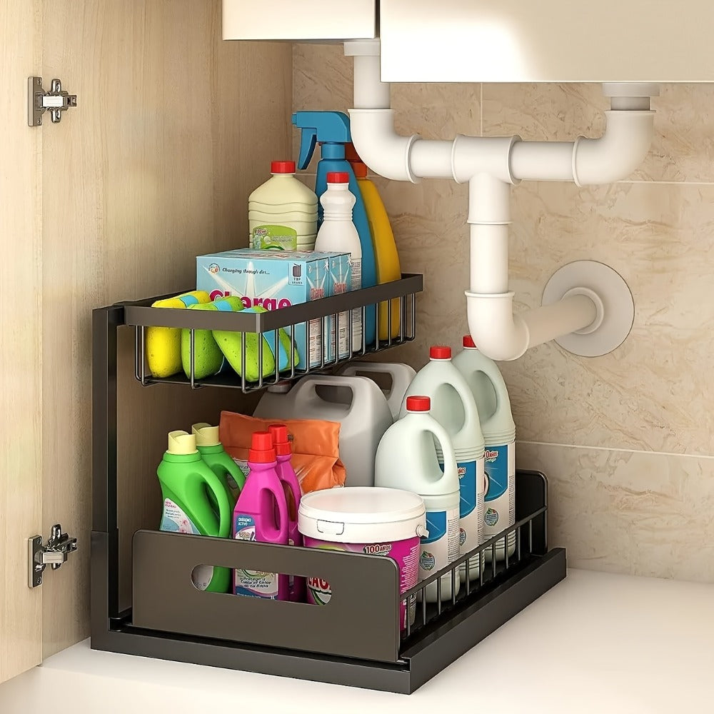 L-Shaped Sliding Drawer Organizer ¨C Heavy-Duty Under Sink Storage Rack, Space-Saving Cabinet Organizer for Kitchen, Bathroom, Garage & Workshop, Large Capacity, Black & White