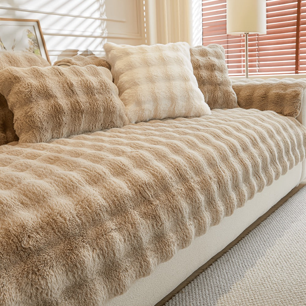Bubble Soft Faux Rabbit Fur Sofa Cover - Non-Slip Silicone Backing Stretchable Slipcover Pet Friendly Machine Washable for Living Room Bedroom Dorm, 4 Colors Multiple Sizes