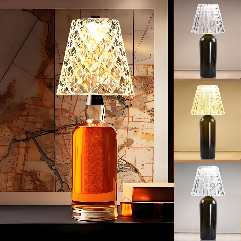 Wireless Wine Bottle Lamp ¨C USB Rechargeable Acrylic Crystal Shade, 3-Color Touch Control Smooth Dimming, 2000mAh Cordless Bottle Light for Bar Decor, Home, Kitchen, Party & Table Ambiance (1pc / 2pcs)