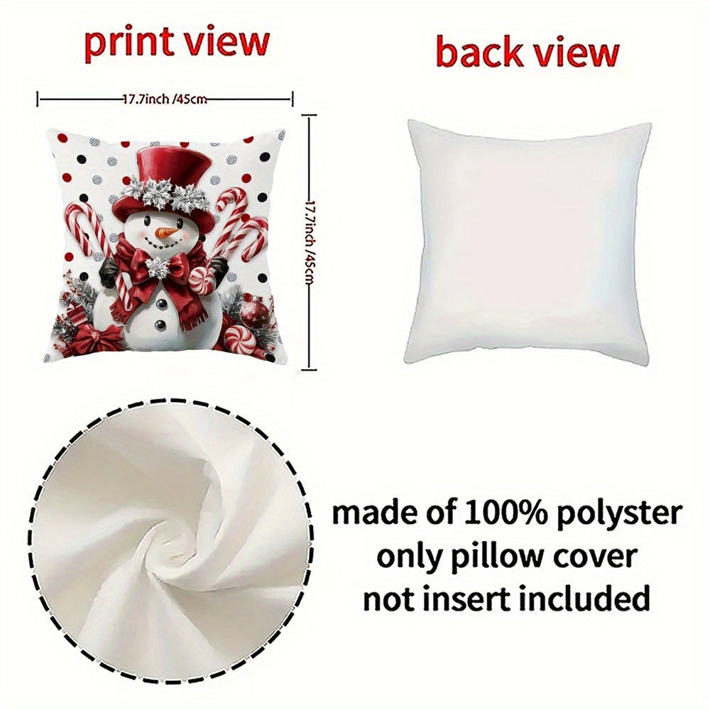 Christmas Throw Pillow Covers 4pcs Set - Snowman Candy Cane Buffalo Plaid Polyester 18x18in Decorative Cushion Covers with Zipper for Holiday Winter Living Room Bedroom Sofa Bed Decor