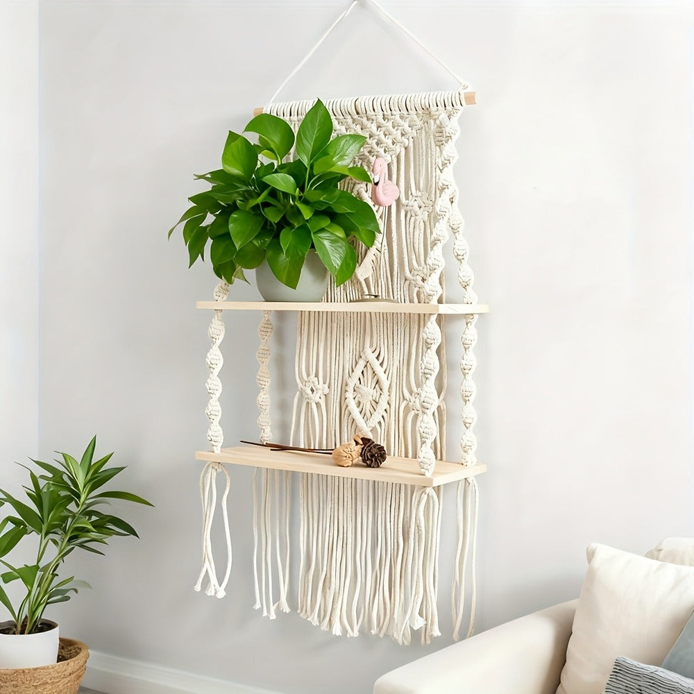 Macrame Wall Hanging with Tassel, Boho Woven Wall Decor for Living Room Bedroom Balcony, Two-Layer Lace Plant Hanger for Photo Frames & Small Plants ¨C Bohemian Home Decor Wall Art