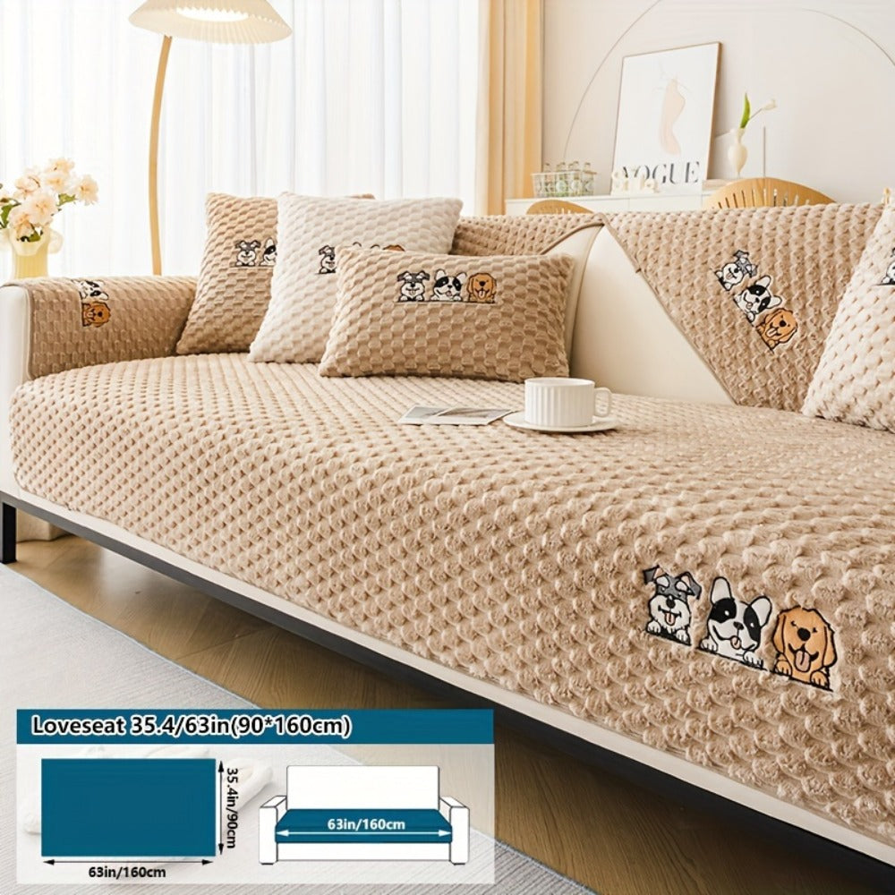 Velvet Sofa Slipcover Honeycomb Texture 1pc - Cute Dog Embroidery Bohemian Style Non-Slip Pet Friendly Machine Washable Polyester Couch Cover | Gray Khaki White | 2 3 4 Seat Living Room Home Decor