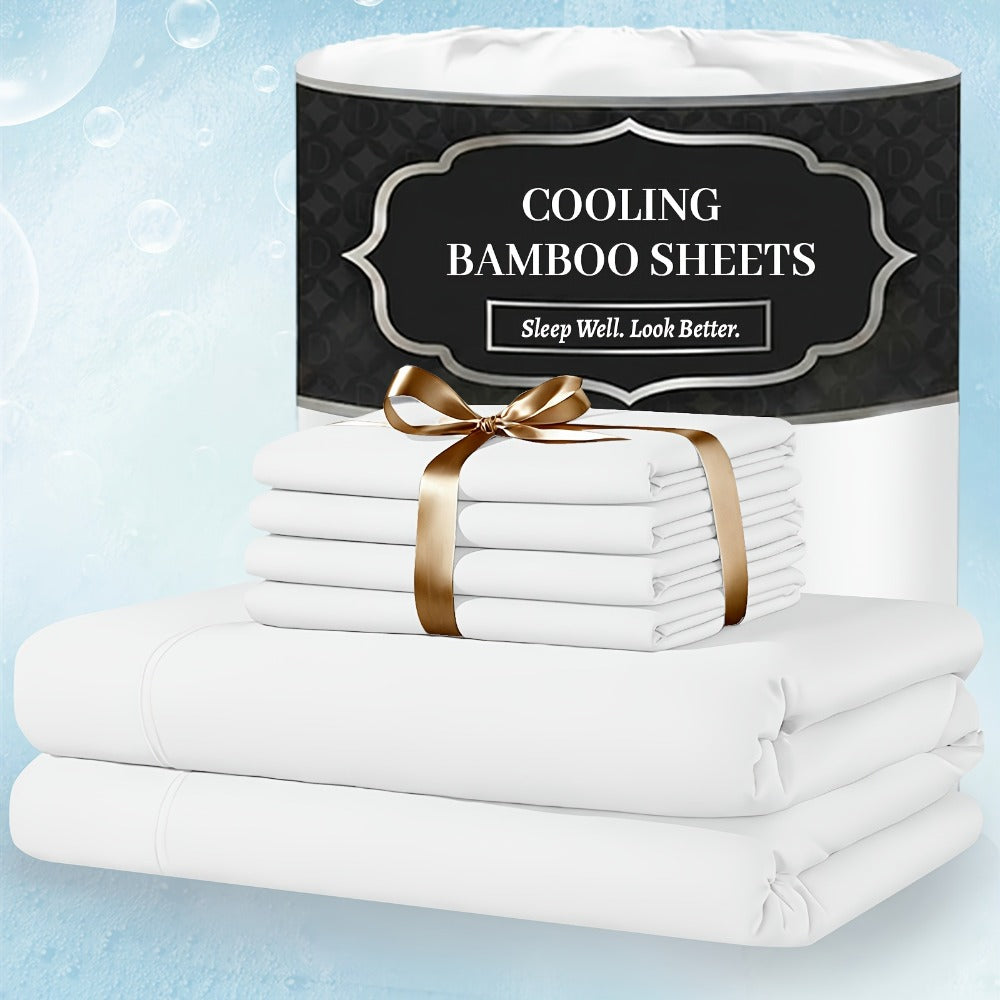Bamboo Bed Sheet Set 4 Piece Extra Deep Pocket Cooling Breathable Soft Wrinkle Free Hotel Luxury Fitted Sheet Flat Sheet Pillowcases Twin Full Queen King