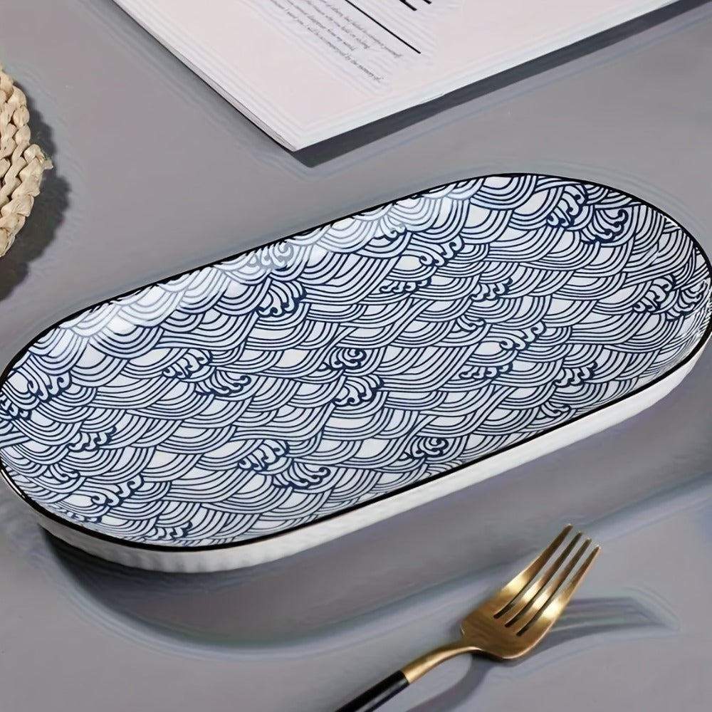 Japanese Blue White Porcelain Fish Plates Set of 4 ¨C 12 Inch Ceramic Serving Plates, Microwave & Oven Safe Steaming Baking Tableware