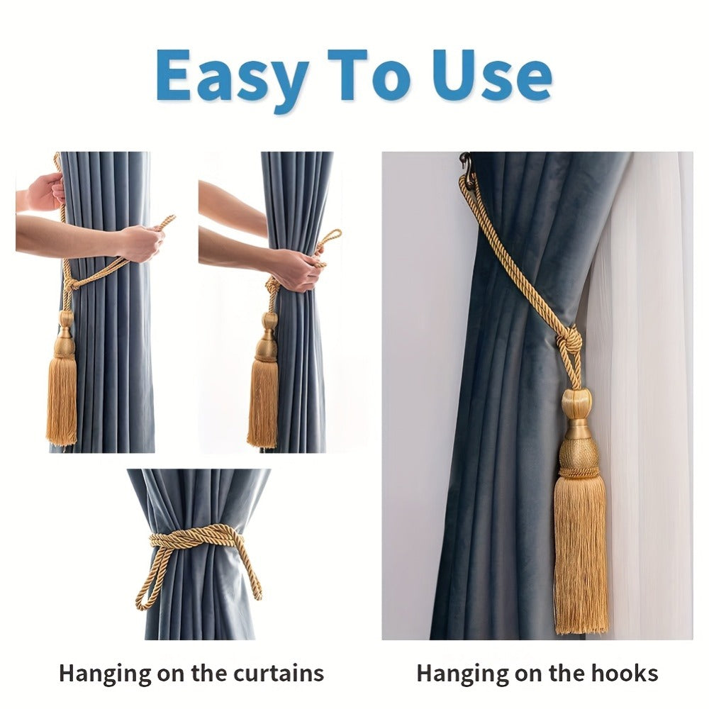 Curtain Tiebacks with Tassels Hand Woven Rope Curtain Tie Backs with Golden Accents 4/8pcs Home Decor