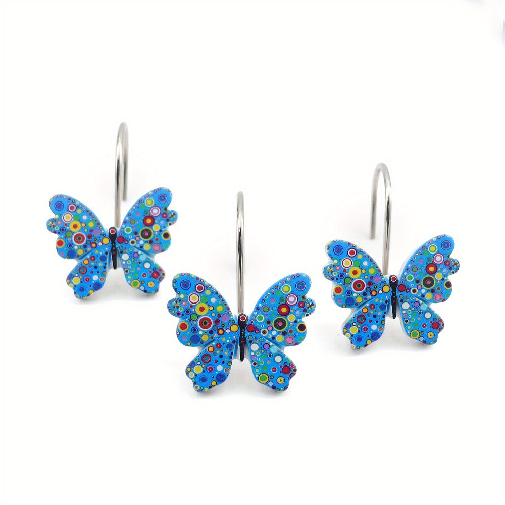 Butterfly Shower Curtain Hooks 12pcs Colorful Decorative Rustproof Metal Rings for Bathroom Wardrobe Curtain Rod