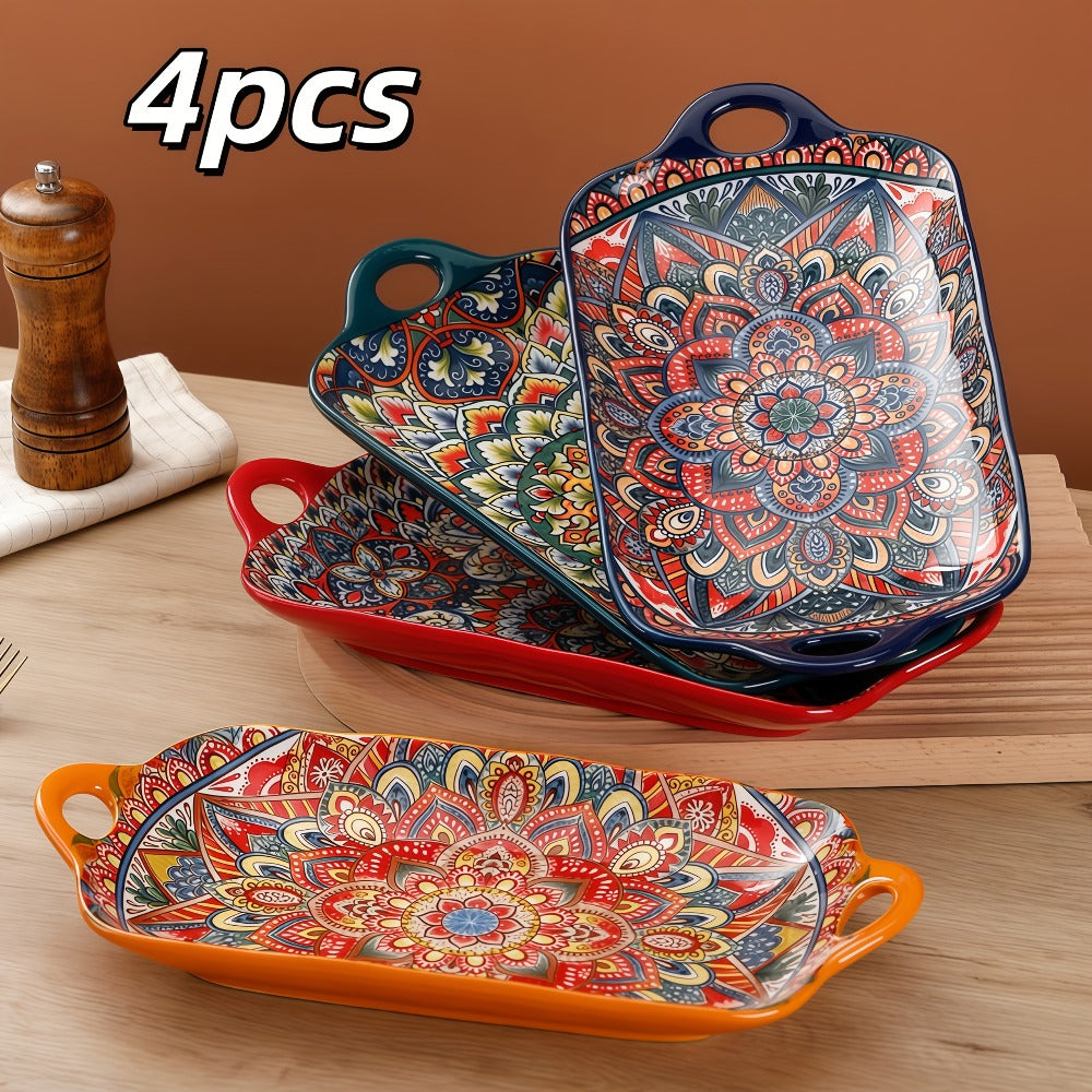 Ceramic Serving Platter Set of 4, Bohemian Rectangular Fish Dish with Double Handles, Baking Tray for Sushi Pasta Desserts Salads Fruits, Ideal for Family Gatherings Picnics Restaurants