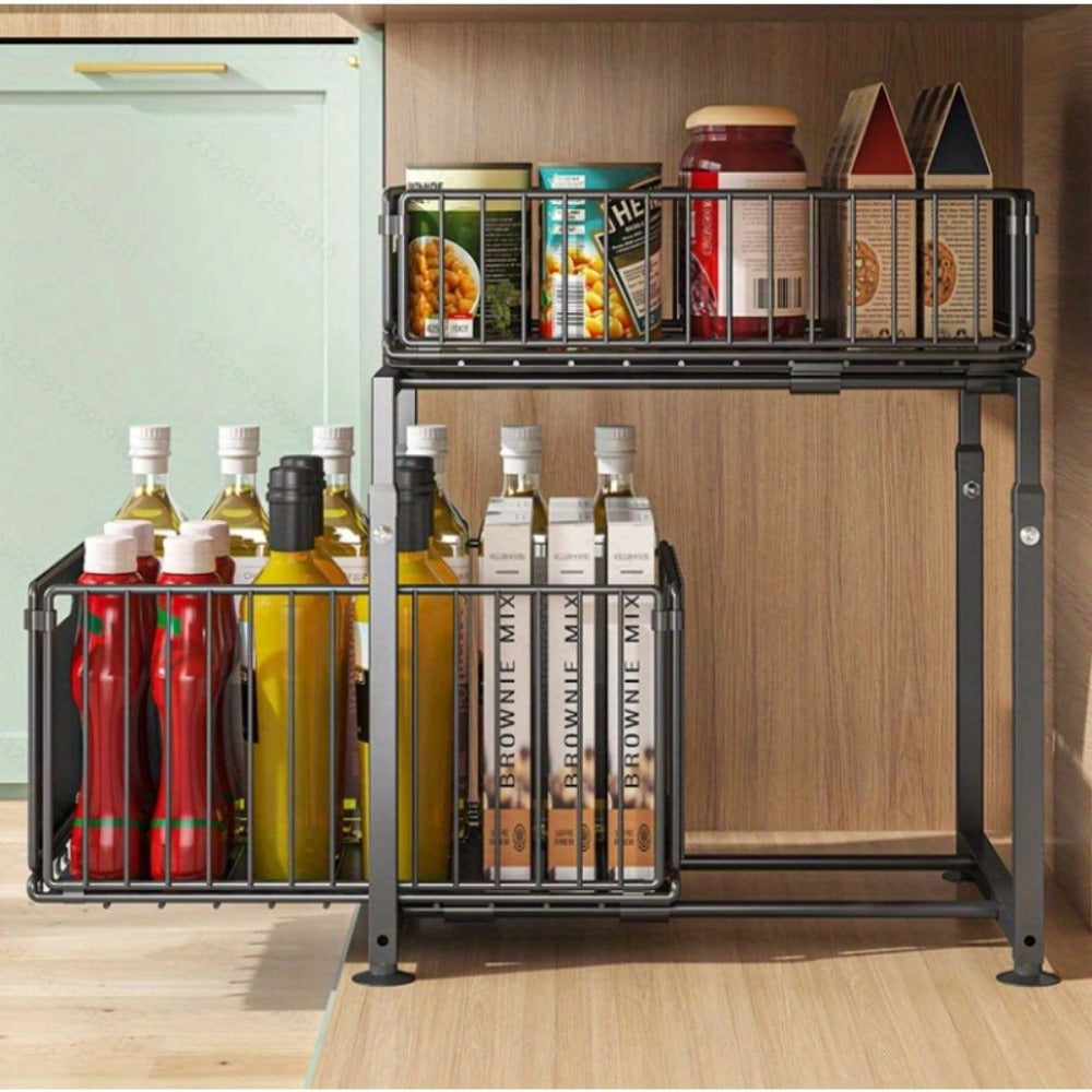 Under Sink Organizer 2-Tier Pull Out - Adjustable Height Carbon Steel Cabinet Storage Shelf for Kitchen and Bathroom, Space Saving Sliding Drawer Rack for Cleaning Supplies Pots and Toiletries, Heavy Duty Under Cabinet Organizer Available in 1 or 2 Pack