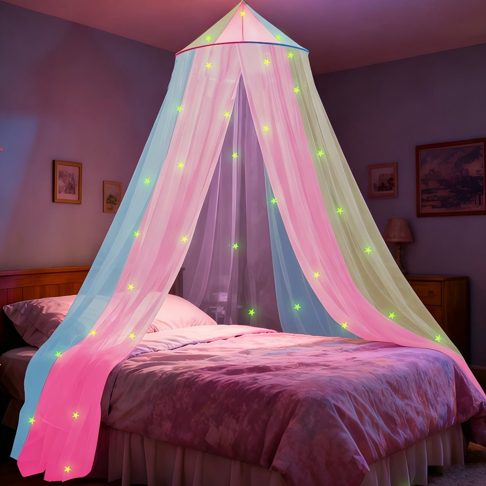 Bed Canopy for Girls Princess Rainbow Glow in the Dark Stars Colorful Canopy Curtain Fits Single Full Queen Size Bed Kids Room Decor Ceiling Tent Netting Machine Washable