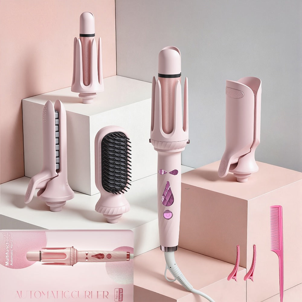 5-in-1 Hair Styler Set with Interchangeable Curling Wand & Straightening Brush - Multi Barrel Curling Iron Kit for Waves, Curls & Volume, Works on All Hair Types, Salon Results at Home, 3 Colors