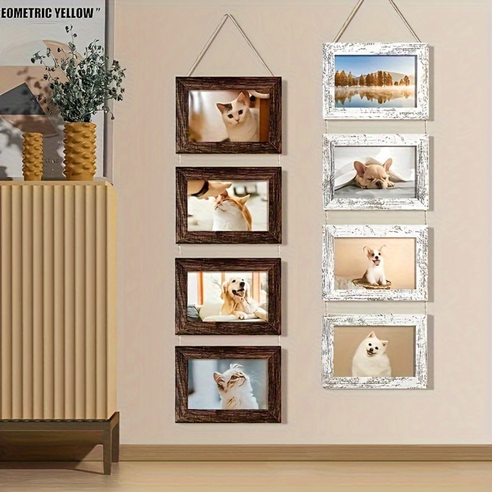 Picture Frame Set 4pcs Wooden Glass 4x6 with Flip-Top Display ¨C Collage Photo Frames for Wall & Desktop, Interchangeable Mat, Home Decor Room Aesthetic ¨C Wedding, Housewarming & Holiday Gift (White/Brown)