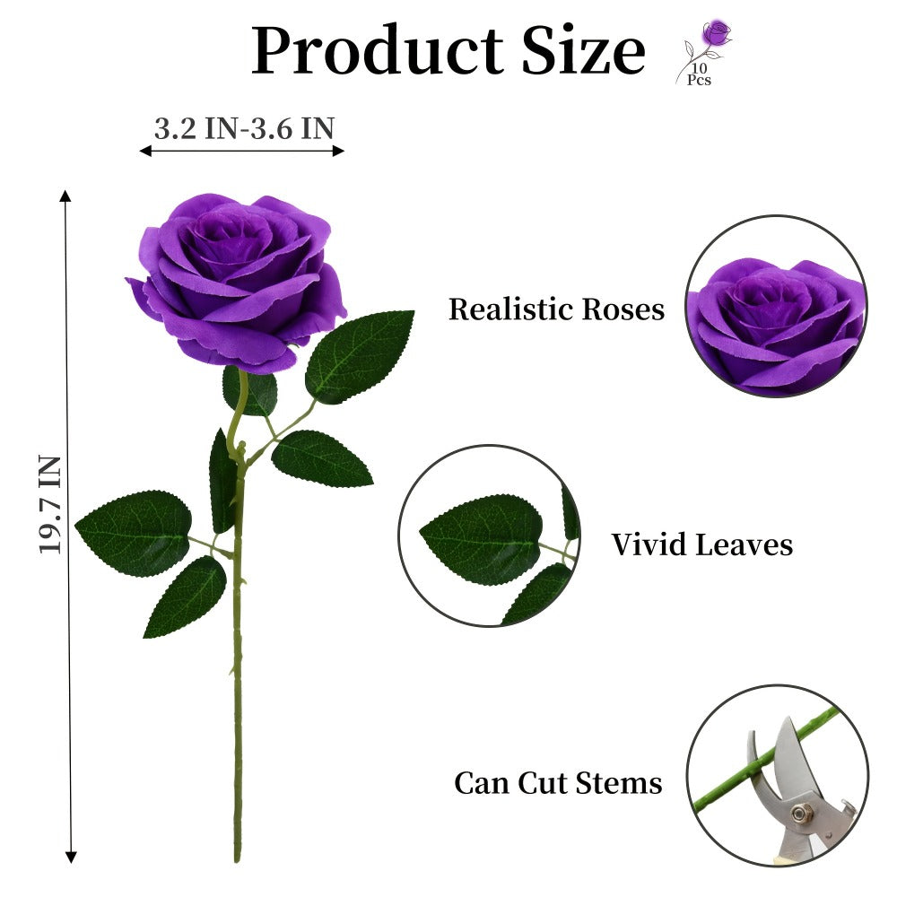 10pcs Artificial Silk Roses Bulk - Fake Flowers for Wedding Home Decor, 19.69¡± Long Stem, Deep Purple & Dark Green