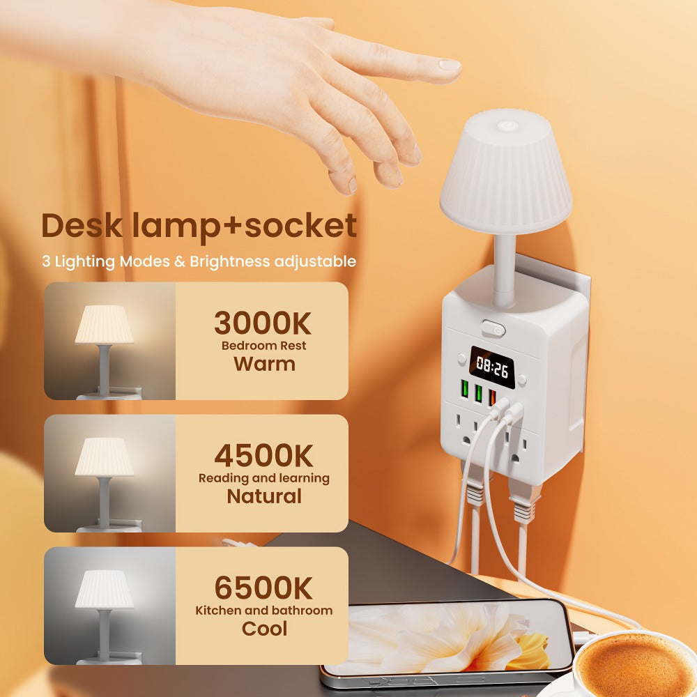 Power Strip Extender with Digital Clock & Desk Lamp ¨C 4 AC Outlets, 3 USB & 2 Type-C Ports, One-Touch On/Off, Overload Protector | Multi-Function Surge Protector for Home, Office, Dorm & School