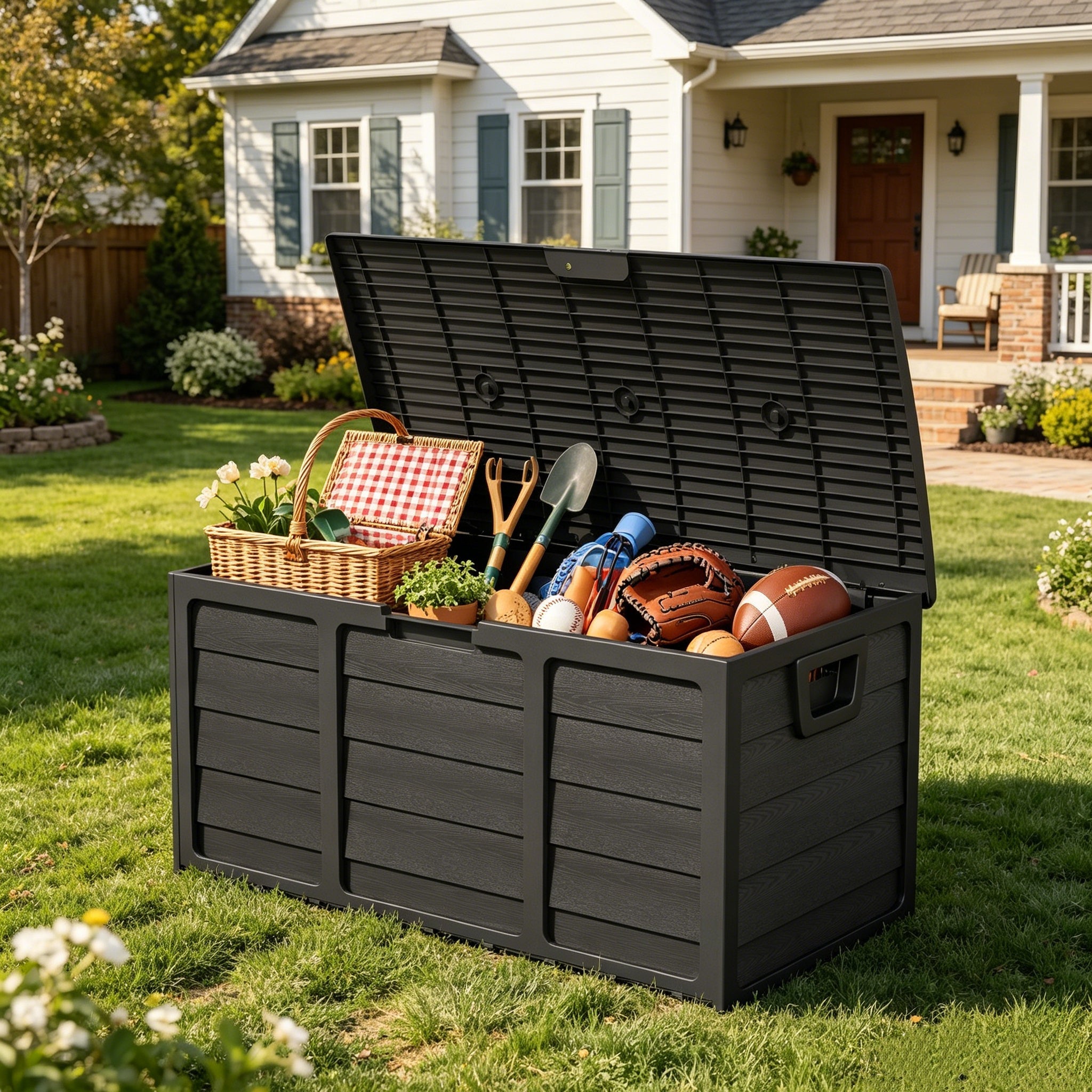 75 Gallon Outdoor Storage Box Deck Box with Handles | Large Waterproof Lockable Cabinet for Pool Accessories, Garden Tools & Camping Gear ¨C Easy Assembly Yard Storage Bin, Pure Black