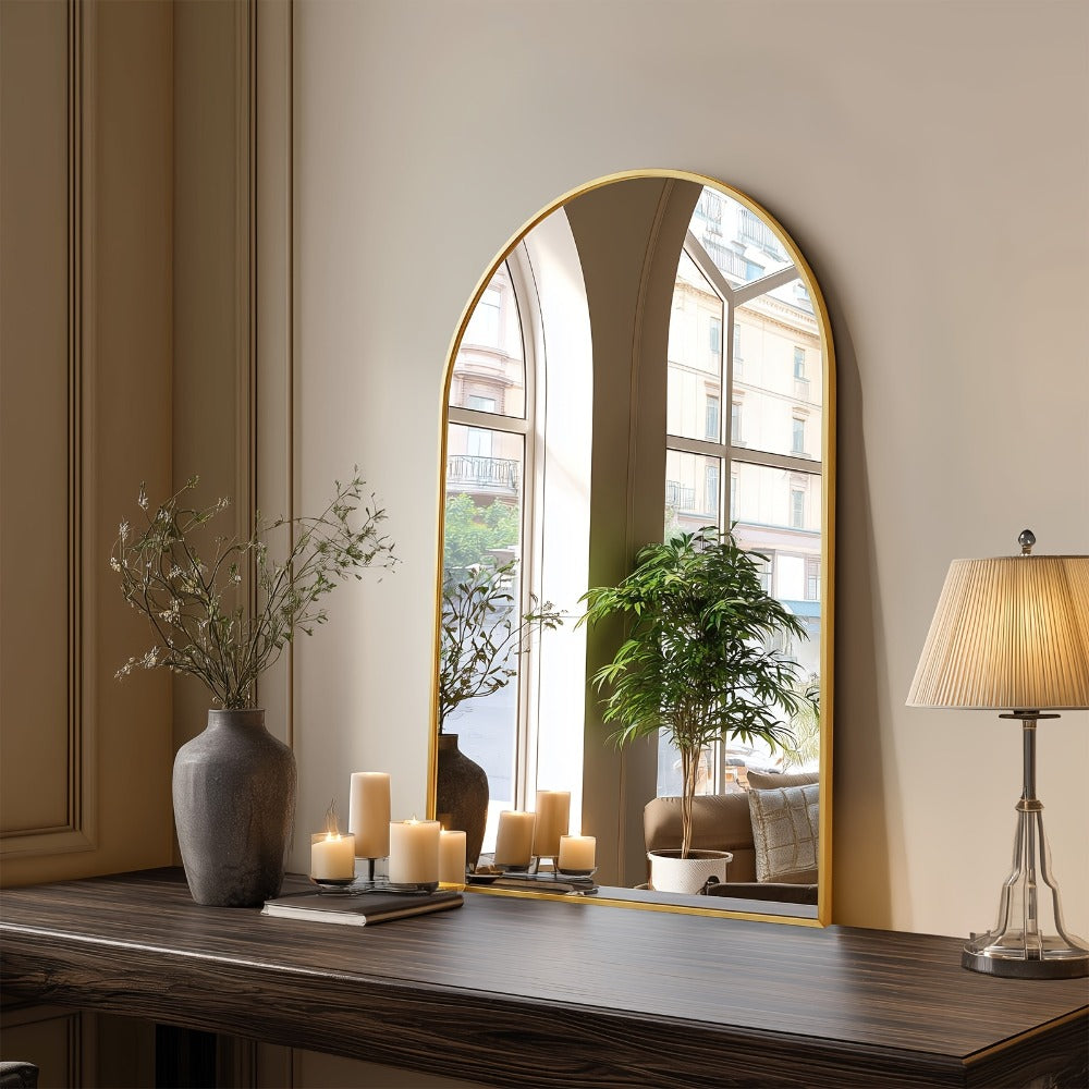 Arched Bathroom Mirror Metal Frame Wall Mounted Vanity Mirror Golden Black