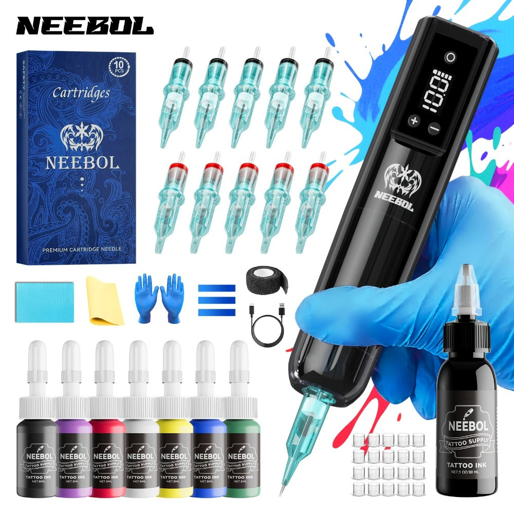 Wireless Tattoo Gun Kit ¨C Neebol Cordless Rotary Tattoo Machine with 2000mAh Battery, 10 Cartridge Needles, 7 Inks, Green Soap & Tattoo Supplies ¨C Portable Beginner & Artist Set