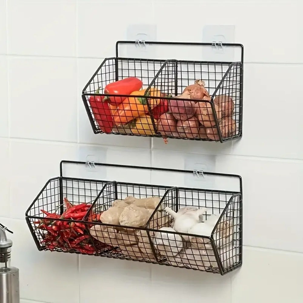 Wall Mounted Kitchen Storage Basket ¨C Metal Wire Rack Organizer, 2 or 3 Grid Tier, Space Saving Vertical Pantry Shelf for Spices, Snacks & Beverages, Home Kitchen & Retail Store Display