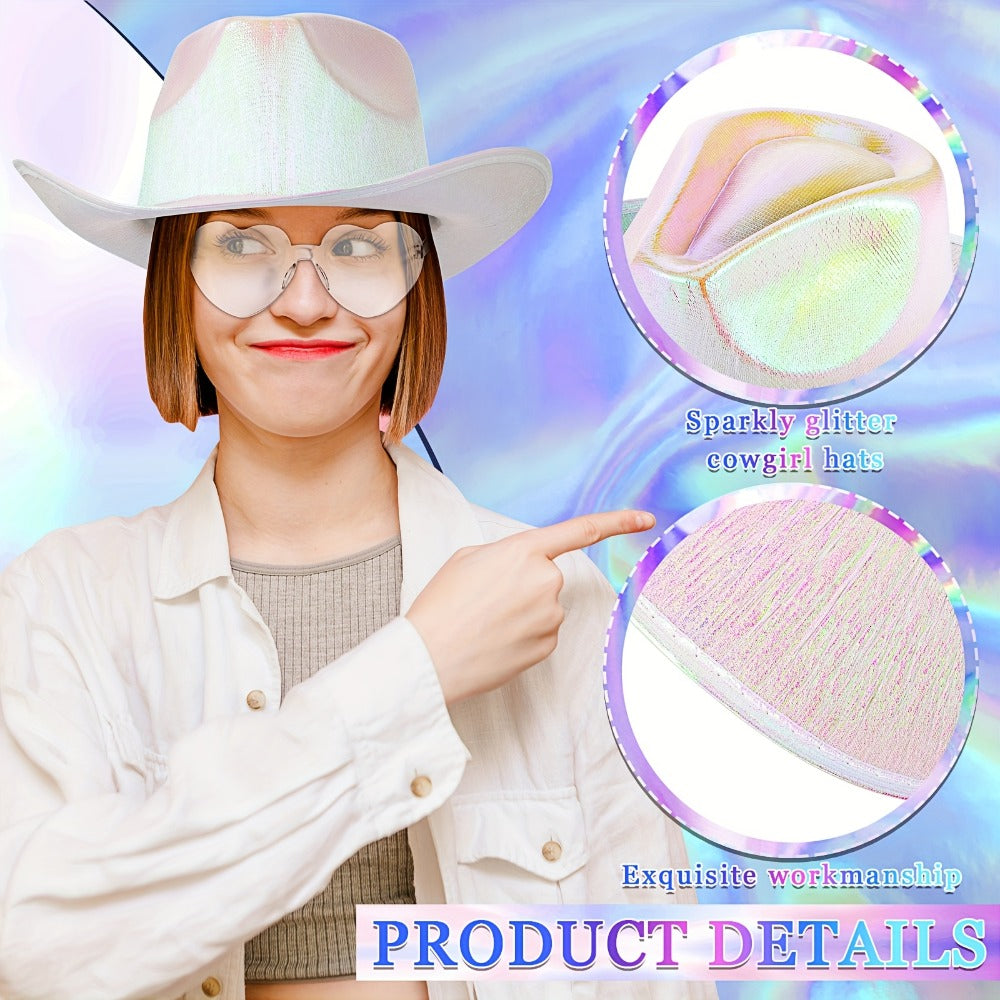 Space Cowgirl Holographic Hat & Rimless Heart Glasses Set 32 Pcs ¨C Sparkly Party Costume Accessories