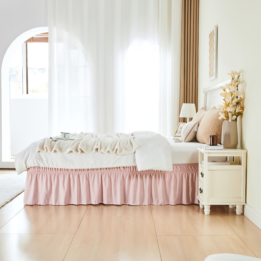 Bed Skirt Elastic Wrap Around Ruffle - 15 Inch Drop Microfiber Dust Ruffle, Adjustable No-Lift Fit, Fade Resistant Machine Washable, Hotel Quality Bedskirt for Twin Full Queen King, 30 Colors