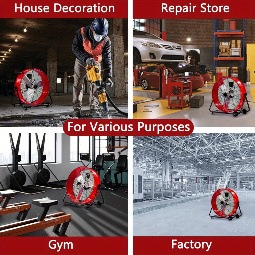 Industrial Floor Fan 24 Inch 9000 CFM Heavy Duty Drum Fan 3-Speed 360 Degree Tilt with Casters and Handle for Warehouse Garage Patio Workshop Gym Large Area Cooling