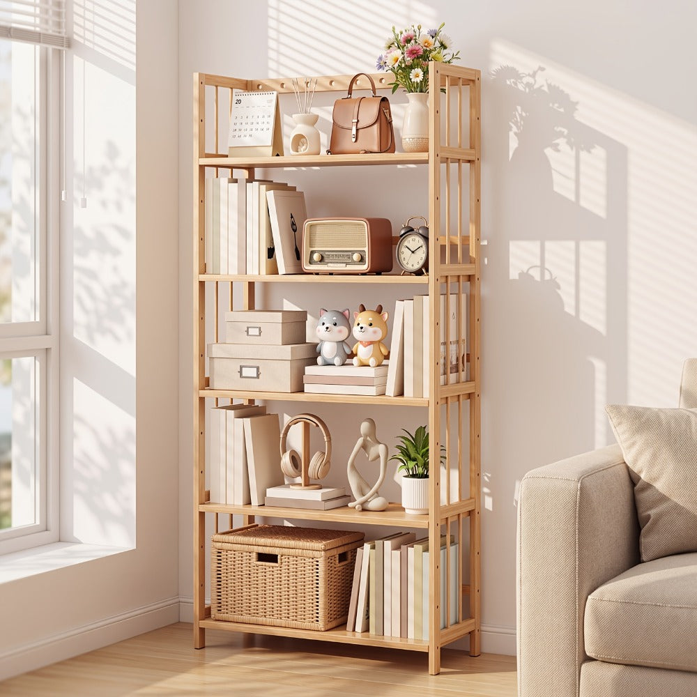 Bamboo Bookshelf Narrow 4 Tier Adjustable Shelves Wooden Bookcase Storage Shelf Organizer for Small Spaces Bedroom Living Room Home Office Standing Shelf