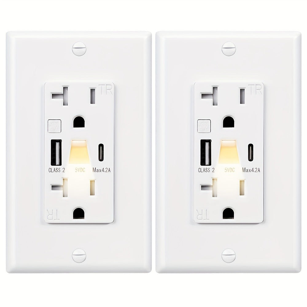 USB Wall Outlet with Night Light 20A 125V Tamper-Resistant - Type A & Type C Ports 5V 4.2A Fast Charging - ETL Listed USB C Electrical Outlet with Wallplate Included - White Smart USB Socket