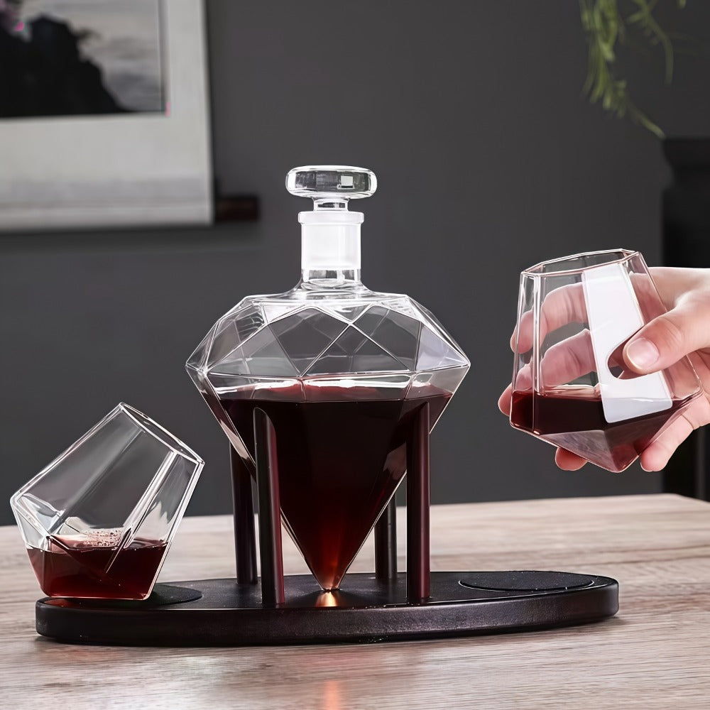 Whiskey Decanter Set with 2 Diamond Glasses & Wooden Rack | Brick Stone Design ¨C Bourbon Rum Vodka Tequila Gift Set for Men Home Bar