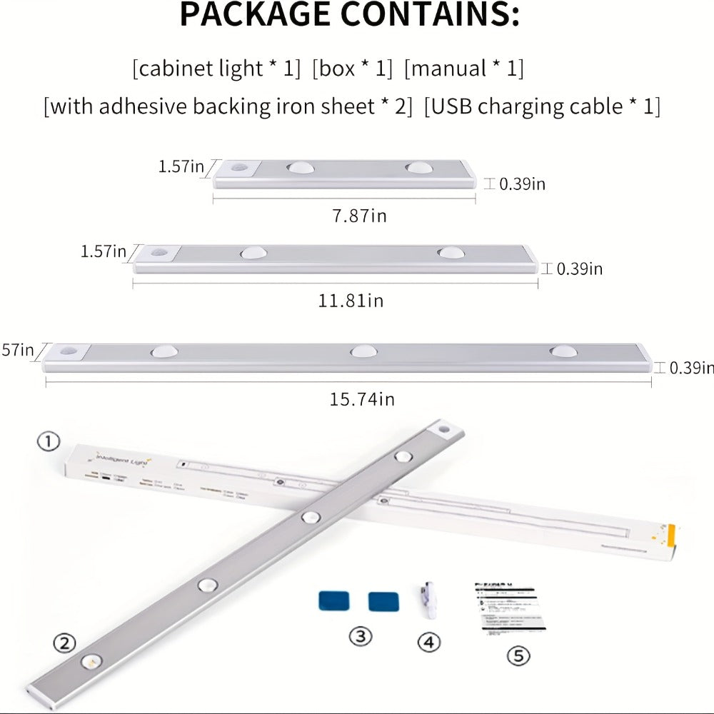 Motion Sensor LED Cabinet Light USB Rechargeable Dimmable Night Light Gesture Control 3 Modes Wireless Under Cabinet Lighting for Kitchen Bedroom Stairs Closet Reading Bedside 2pcs 3pcs