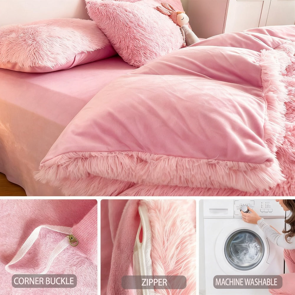 Fluffy Bedding Set 4pcs Soft Warm Plush Duvet Cover with Pillowcases Queen King - Cozy Autumn Winter Comforter Set 8 Colors