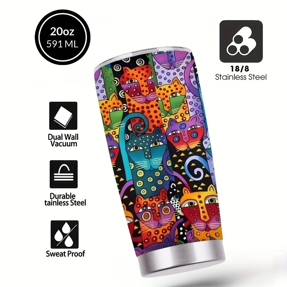 Cat Tumbler 20oz Abstract Cat Graphic Stainless Steel Insulated Cup with Lid & Straw Travel Coffee Mug Hot Cold Drinks Gift for Cat Lovers Birthday Mother's Day
