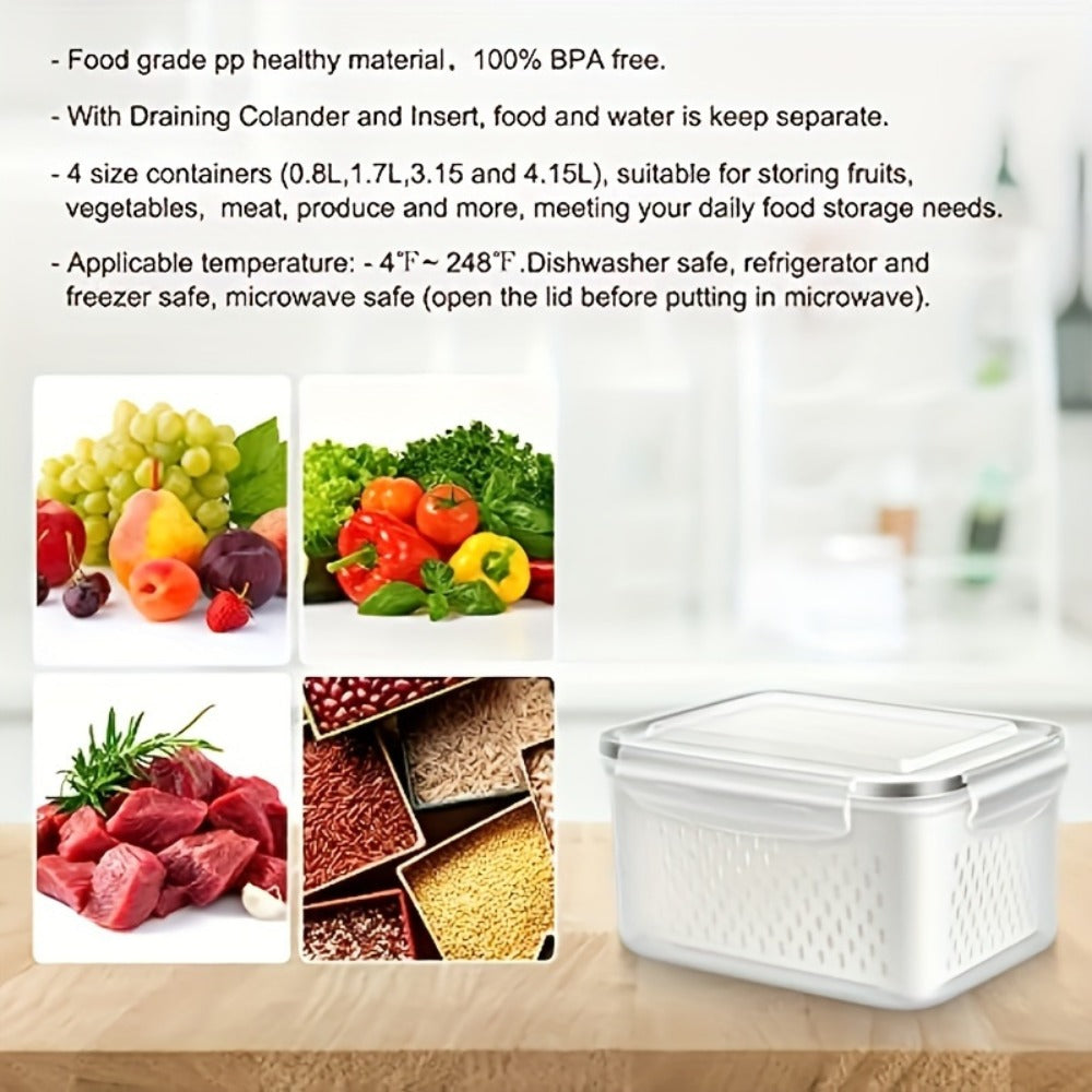 Food Storage Containers Set 6pcs BPA Free Plastic with Drain Baskets and Lids Leak Proof Freezer Safe Reusable for Fruits Vegetables Meal Prep Kitchen Organizer