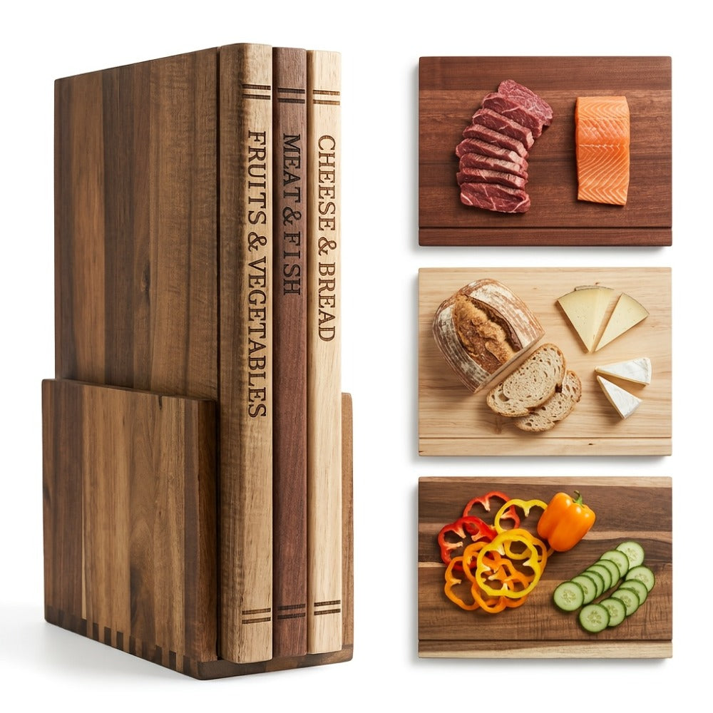 Acacia Wood Cutting Board Set 3 Piece with Stand Book Shaped Decorative Chopping Board for Vegetables Cheese Bread Meat Kitchen Gift Set